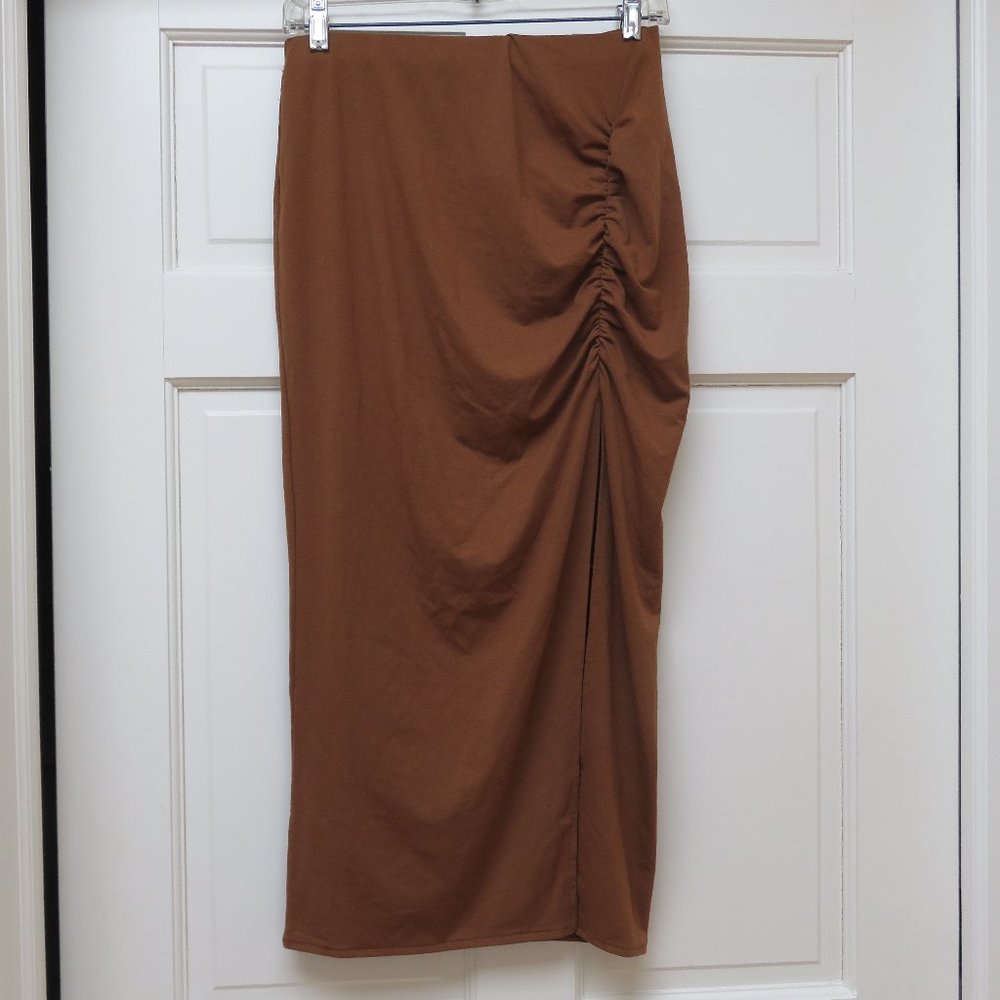 CLEARANCE - Open Edit Chestnut brown ruched knit midi skirt size S